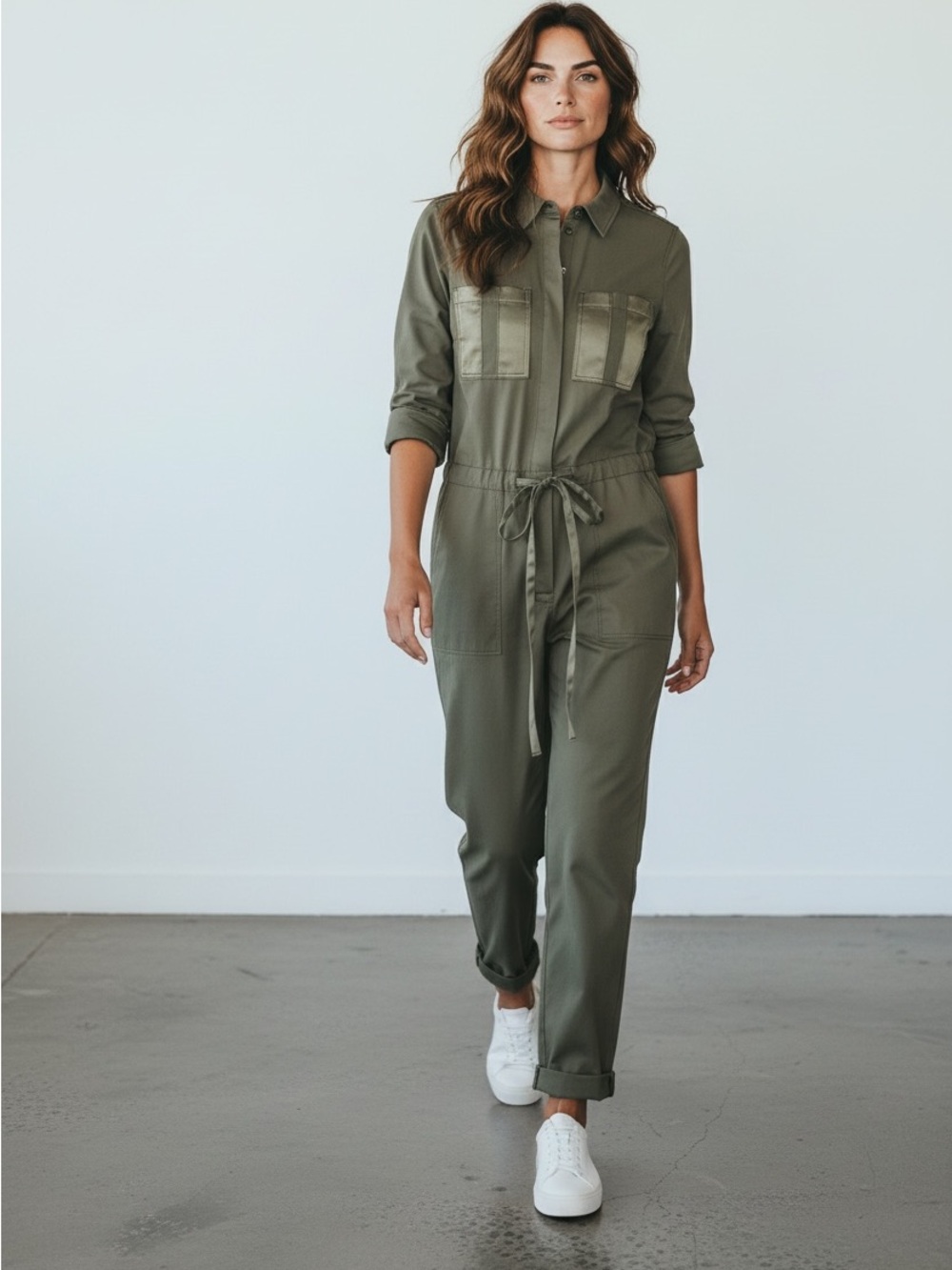 White House Black Market Olive Utility Jumpsuit | Size 6P | Satin Trim | Pockets